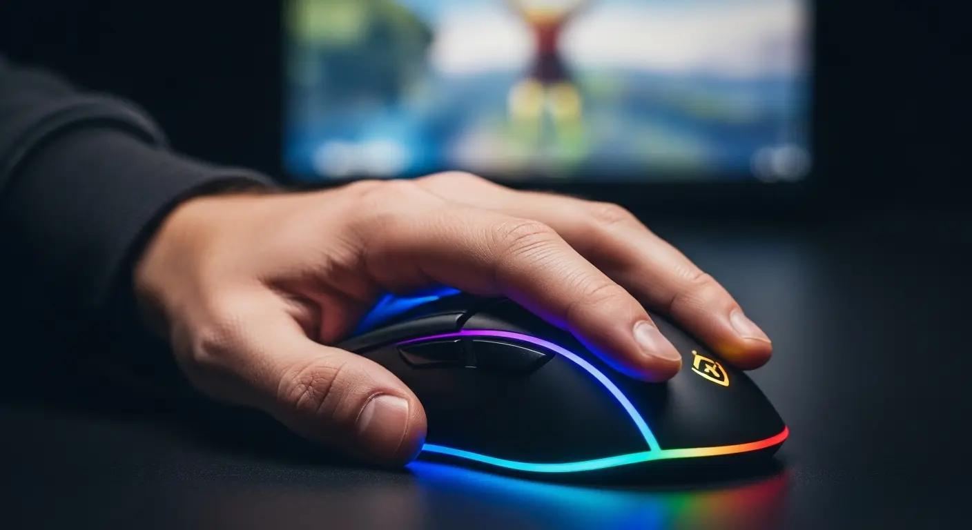 ゲーミングマウスを操作し、ゲームで勝利を収めたゲーマーの達成感を表す画像。
