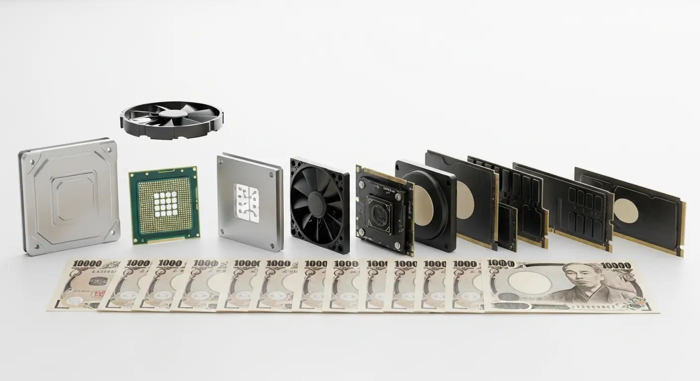 ゲーミングPCのパーツと10万円、予算内で最高の選択肢を探すイメージ