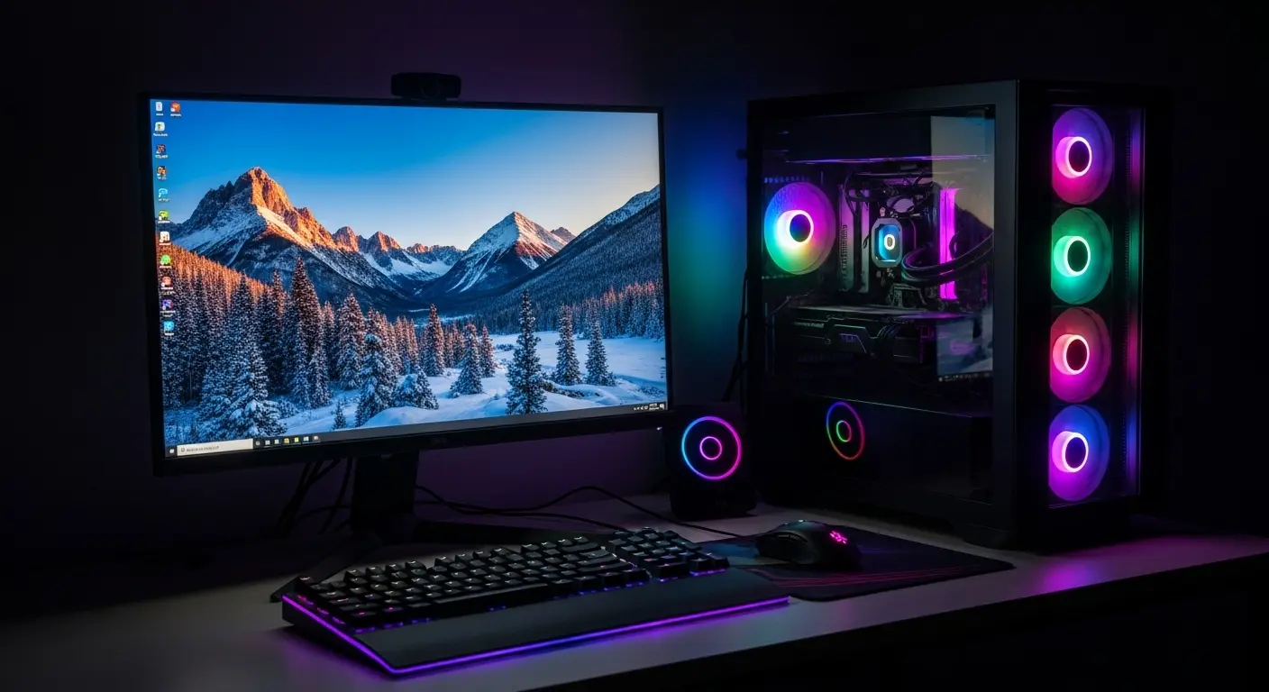 ゲーミングPC本体、ゲーミングモニター、キーボード、マウスが並べられたデスク