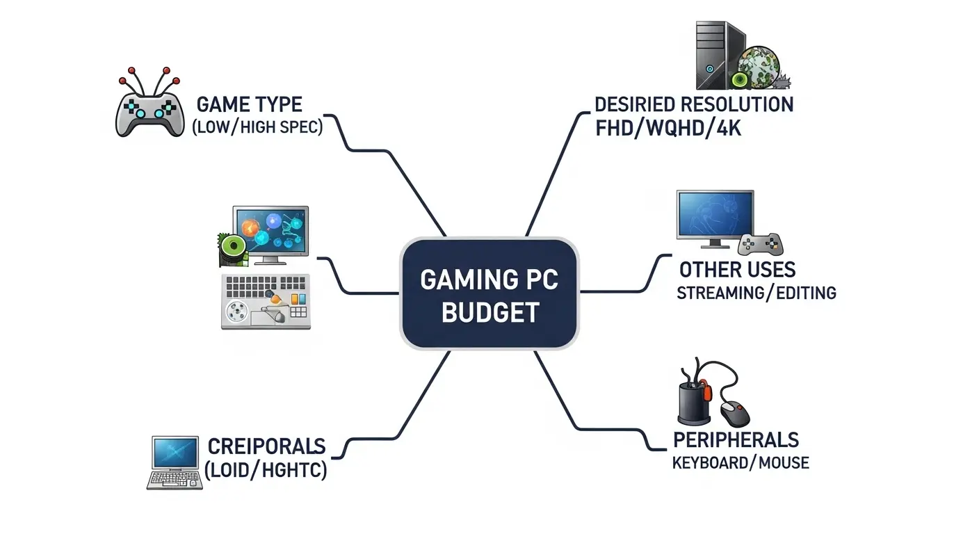 ゲーミングPCの予算設定に影響するゲームの種類、画質、その他の用途、周辺機器などの要素を示す図。