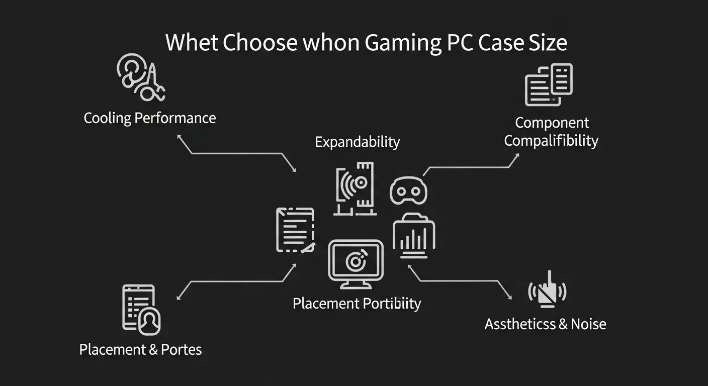 ゲーミングPCケースを選ぶ際に考慮すべき冷却性能、拡張性、互換性などの重要ポイントを図で解説。