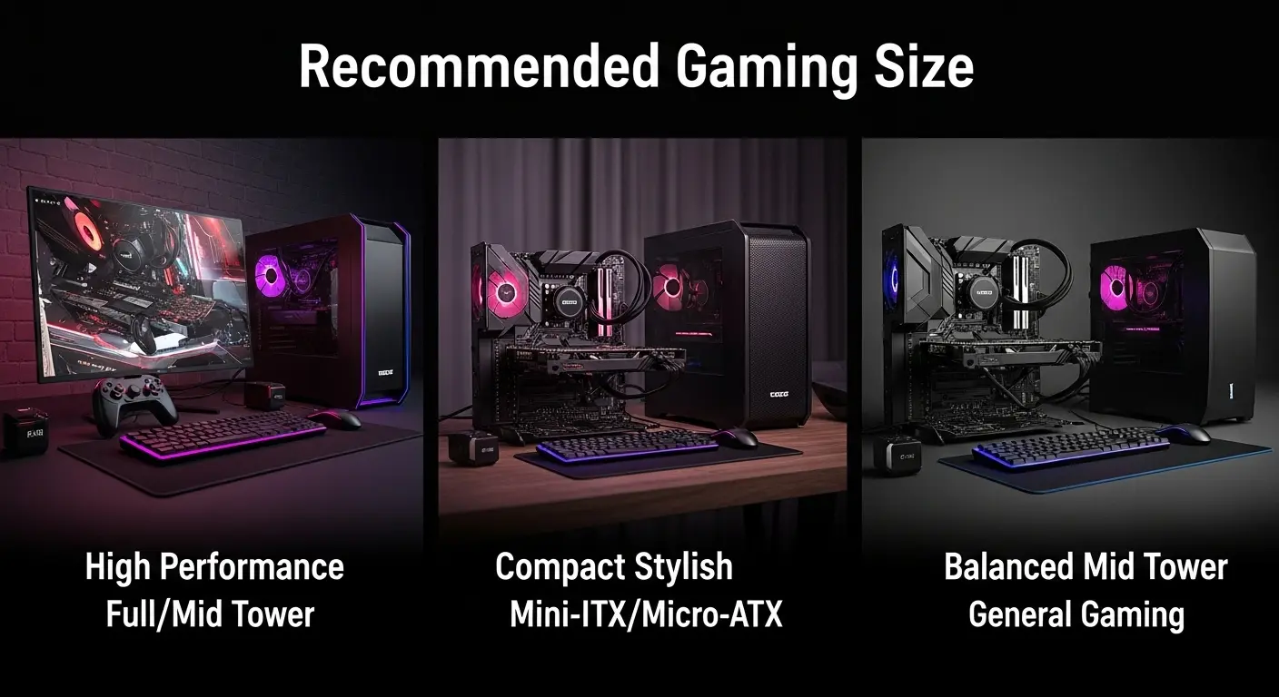 様々な用途(高性能、省スペース、バランス型)に合わせたゲーミングPCケースの推奨サイズ。