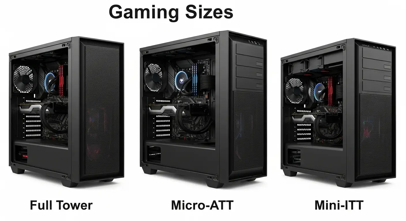 ゲーミングPCケースの異なるサイズ（フルタワー、ミドルタワー、ミニタワーなど）を比較したイメージ。