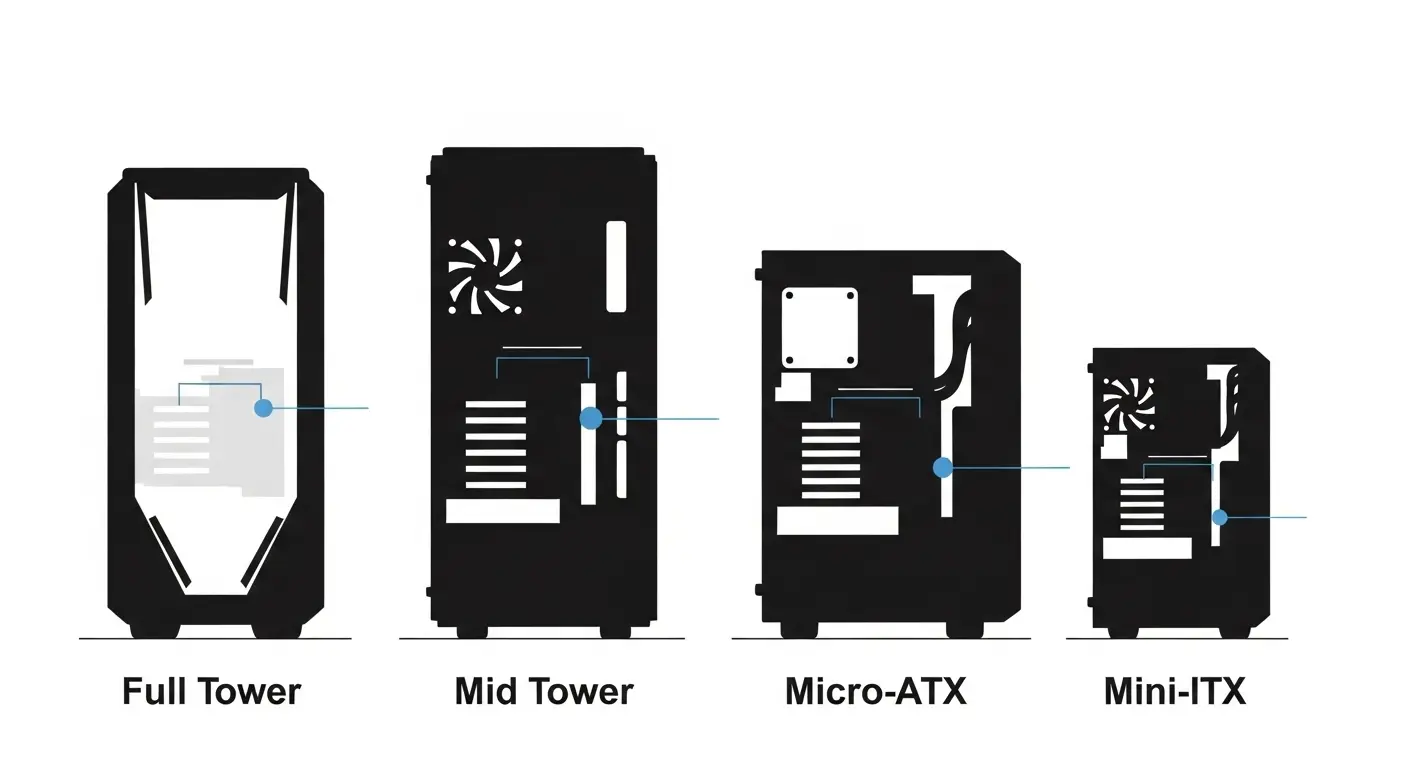 ゲーミングPCケースの主要なサイズ(フルタワー、ミドルタワー、マイクロATX、ミニITX)の比較図。