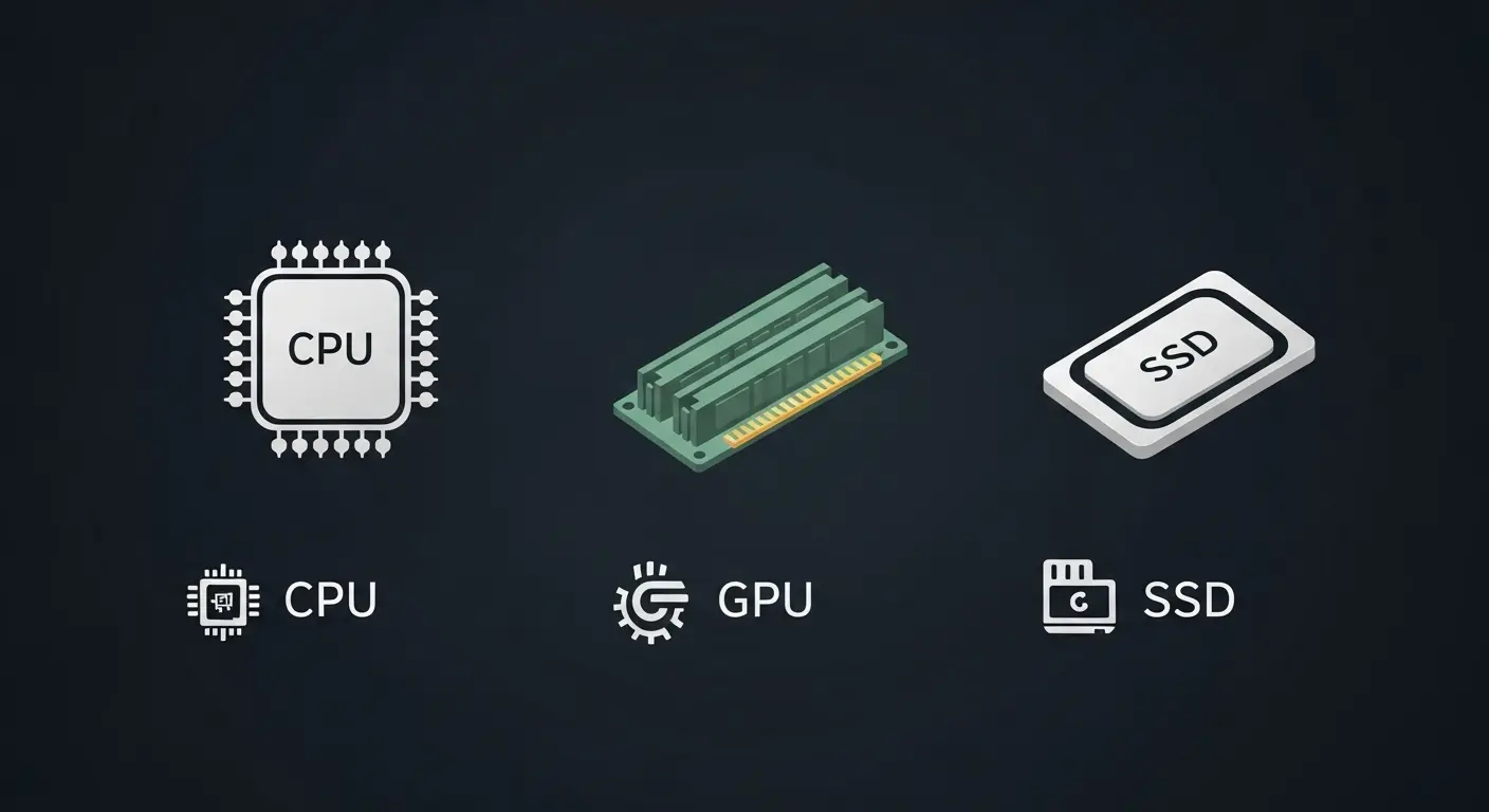 ゲーミングPCの主要構成パーツ(CPU、GPU、メモリ、SSD)が図解されたイメージ。