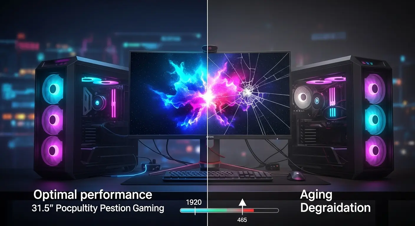 ゲーミングPCの寿命をテーマにした画像。31.5インチモニターを備えた高性能なPCが、時間の経過とともに性能が劣化していく様子を表現。