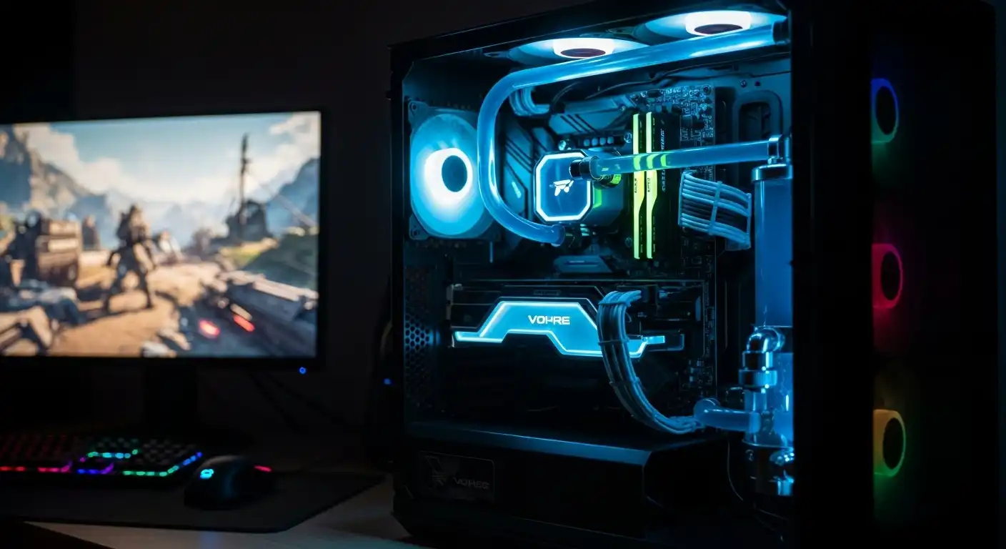 ゲーミングPCの内部にある水冷システムと光るチューブ