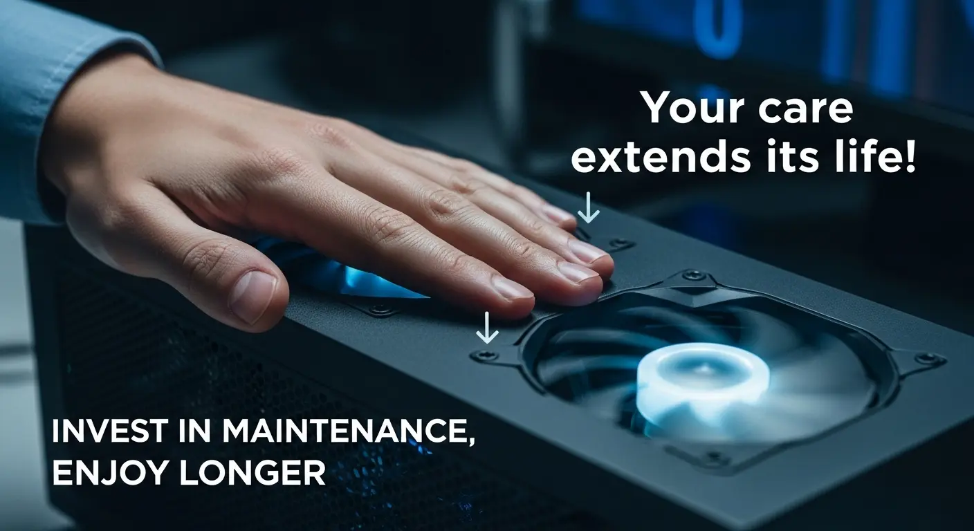適切に手入れされたゲーミングPCと、ユーザーのケアが寿命に影響を与えることを示すイメージ。