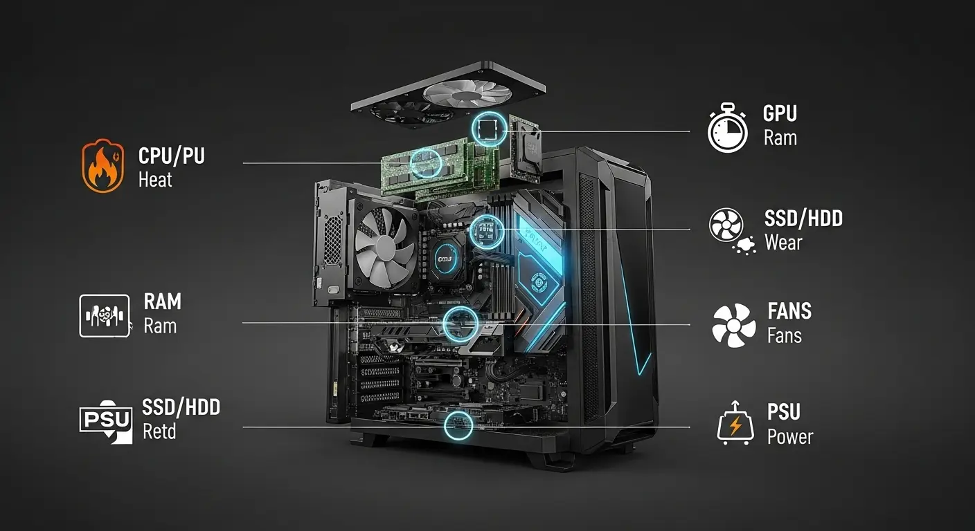 ゲーミングPCの主要パーツ(CPU、GPU、メモリ、ストレージ、電源ユニット、マザーボード、ファン)ごとの平均寿命と交換時期の目安を示す図。