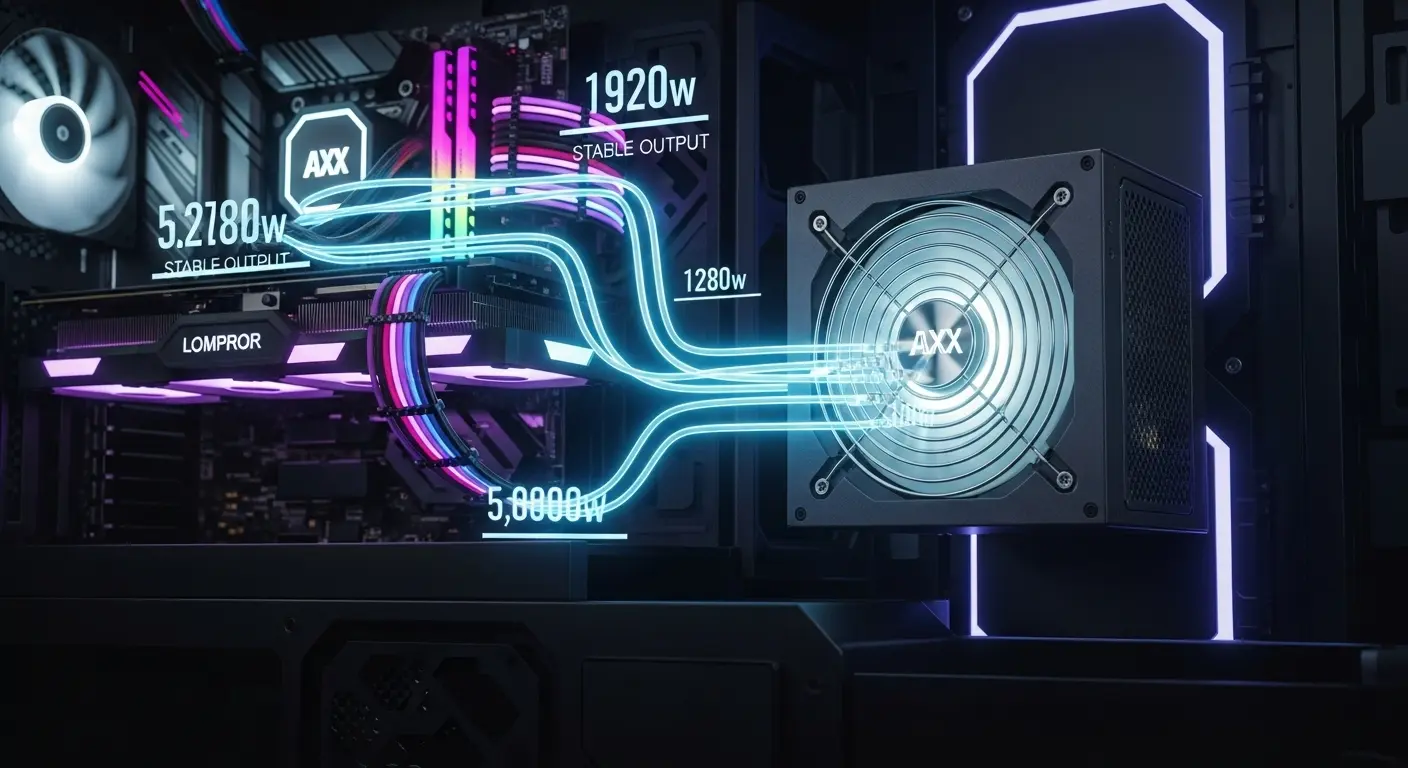 ゲーミングPC内部の電源ユニットが各パーツに電力を供給する様子。