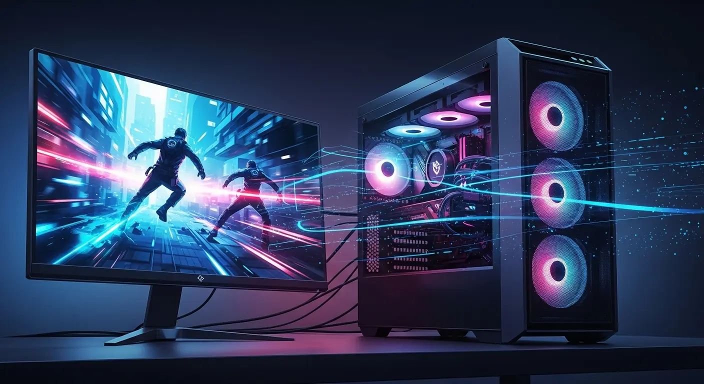 高性能なゲーミングPCが光り輝く、ダイナミックなイラスト。ゲームの世界への没入感を表現。