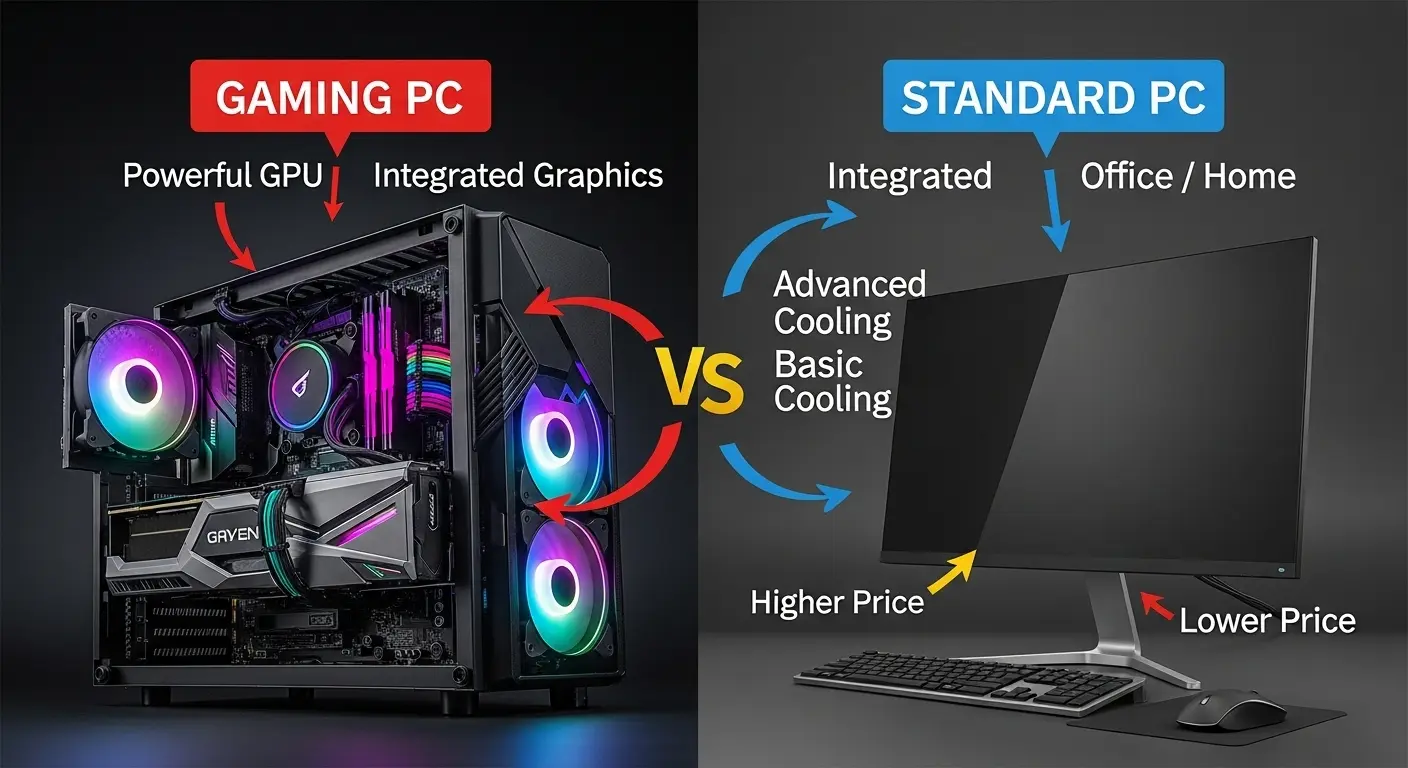 ゲーミングPCと一般的なPCの主な違いを比較したイラスト。