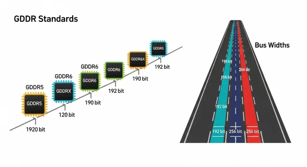 VRAMのGDDR規格とバス幅の違いを説明する図。