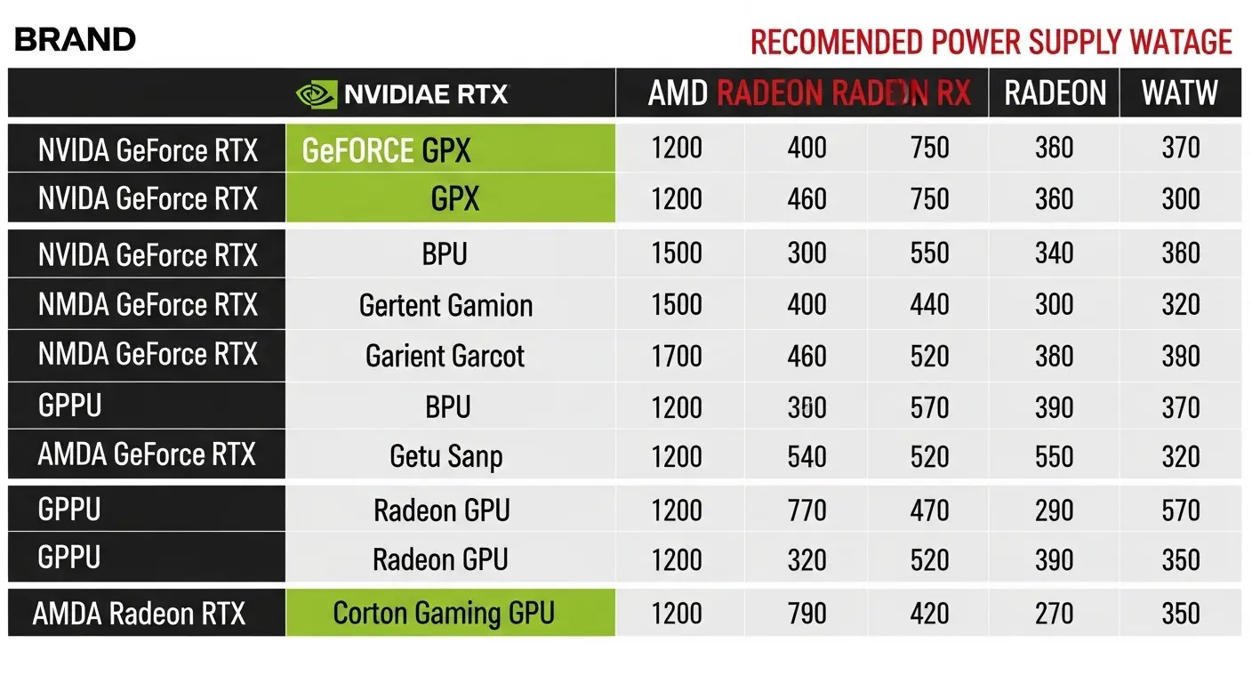 主要なGPUモデルごとの推奨電源容量の一覧表。
