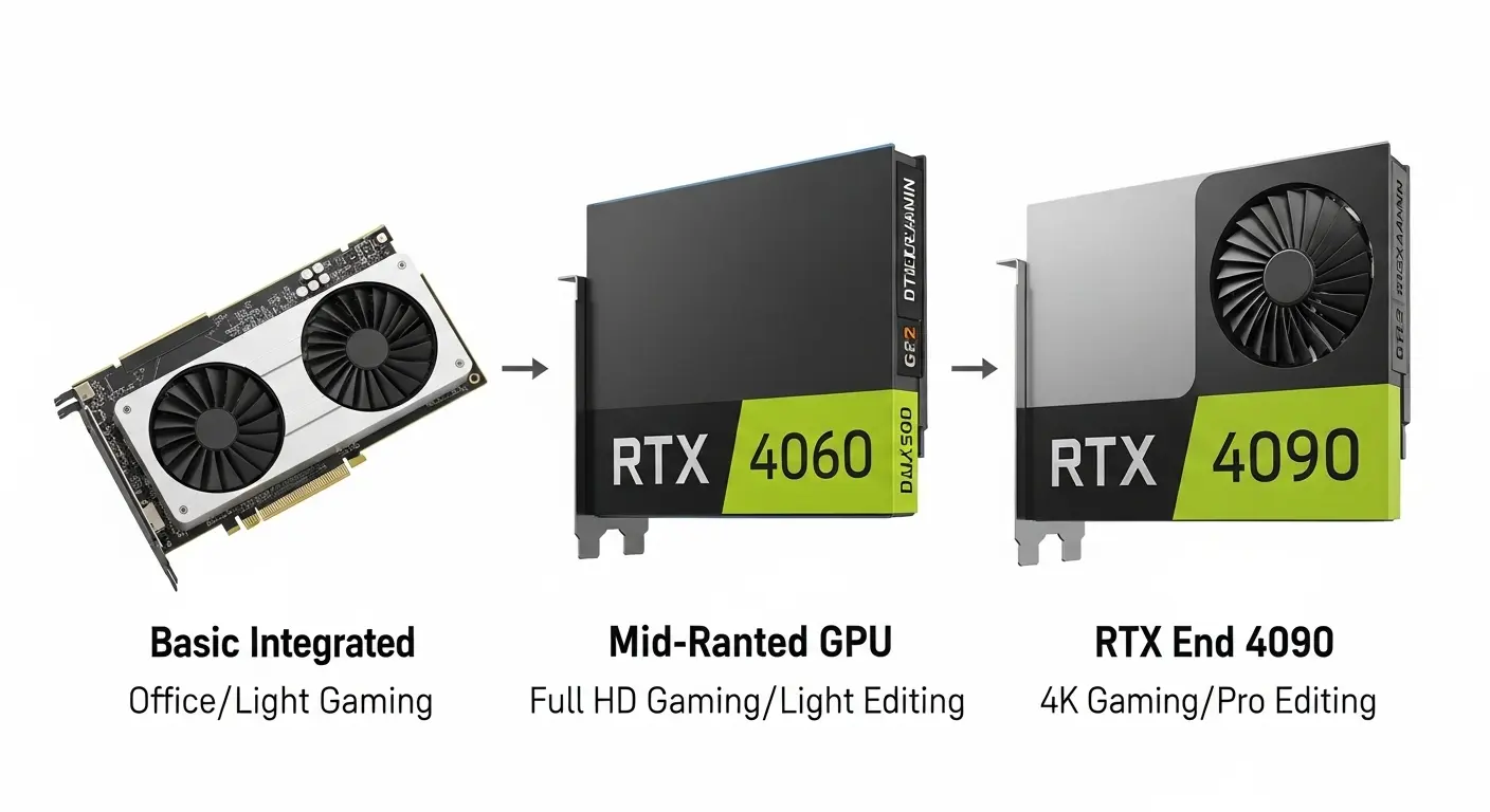 グラフィックボード(GPU)の性能と用途の違いを比較した図。