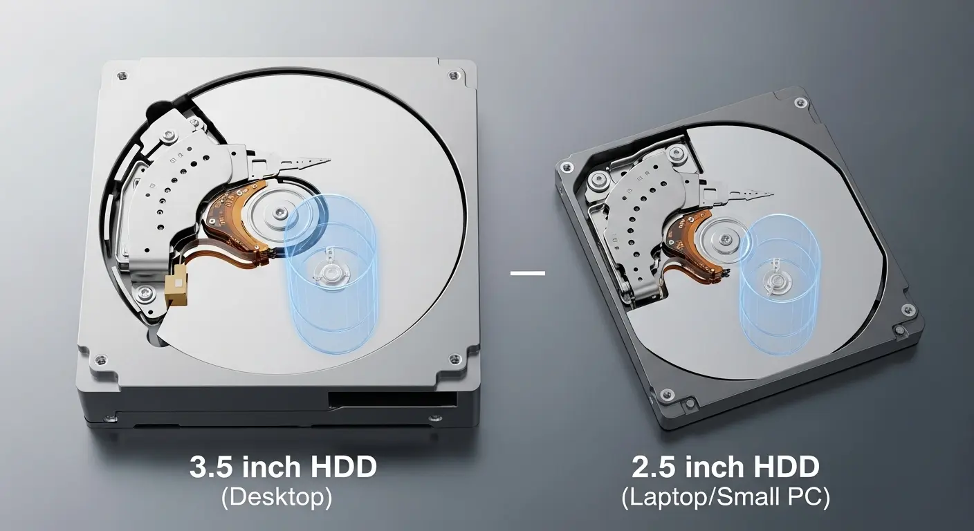 デスクトップPC用の3.5インチHDDとノートPC用の2.5インチHDD。