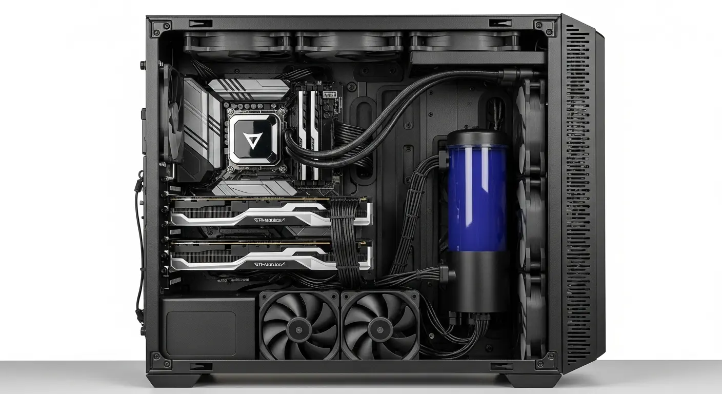 最高性能のグラフィックボードや水冷システムを搭載した大型ゲーミングPCケース。