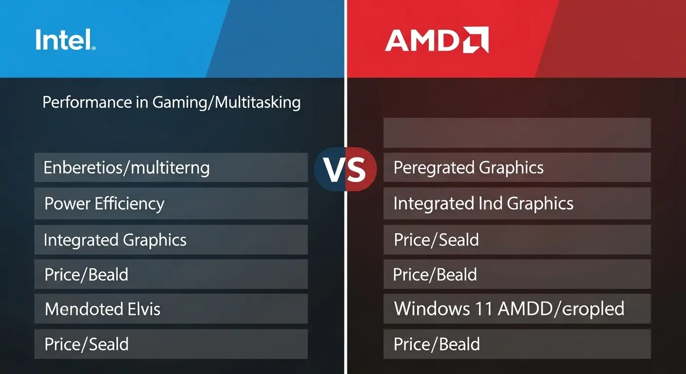 Intel CPUとAMD CPUのWindows 11における性能や特徴を比較した図。