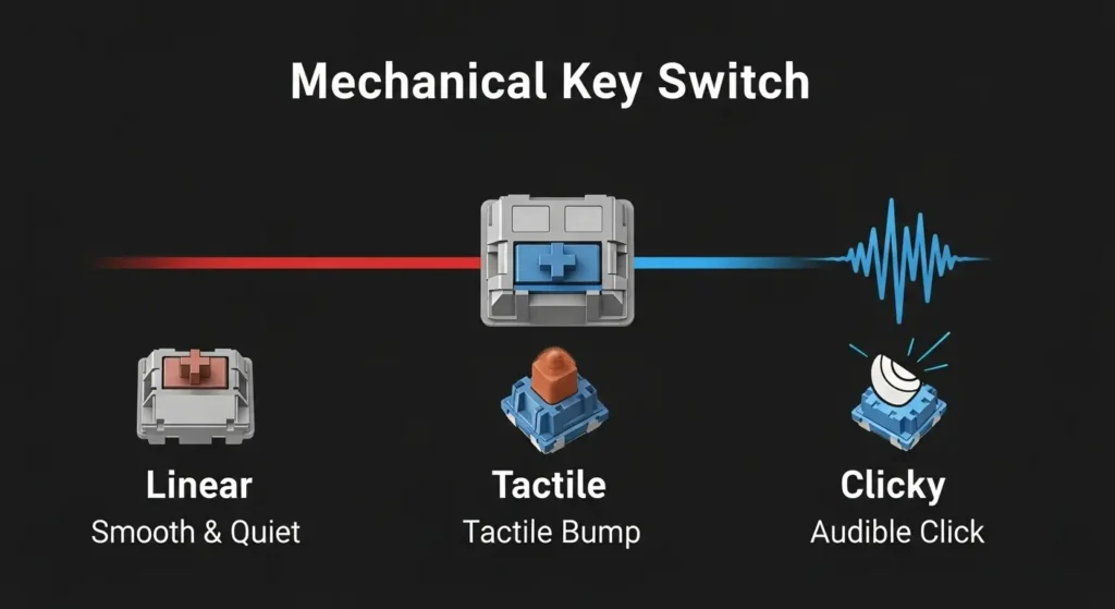 ゲーミングキーボードの主要なキースイッチの種類(リニア、タクタイル、クリッキー)とそれぞれの打鍵感を説明するインフォグラフィック。