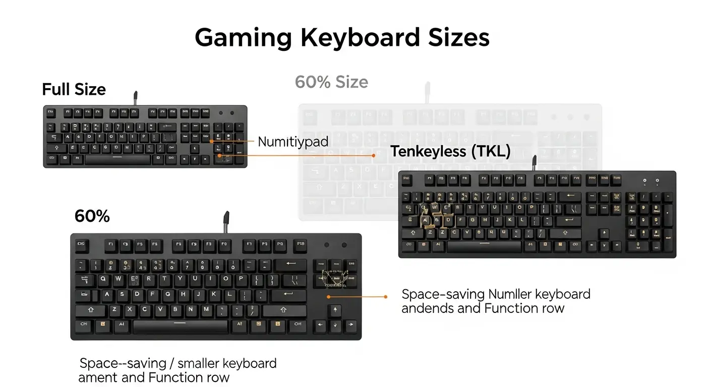 ゲーミングキーボードの異なるサイズとキー配列(フルサイズ、テンキーレス、60%)を比較した図。