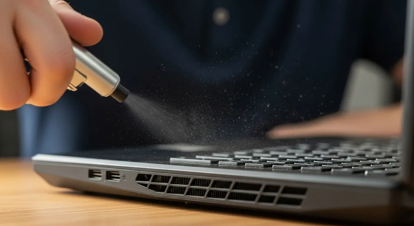 ゲーミングノートPCの排気口からエアダスターでホコリを吹き飛ばしている様子。