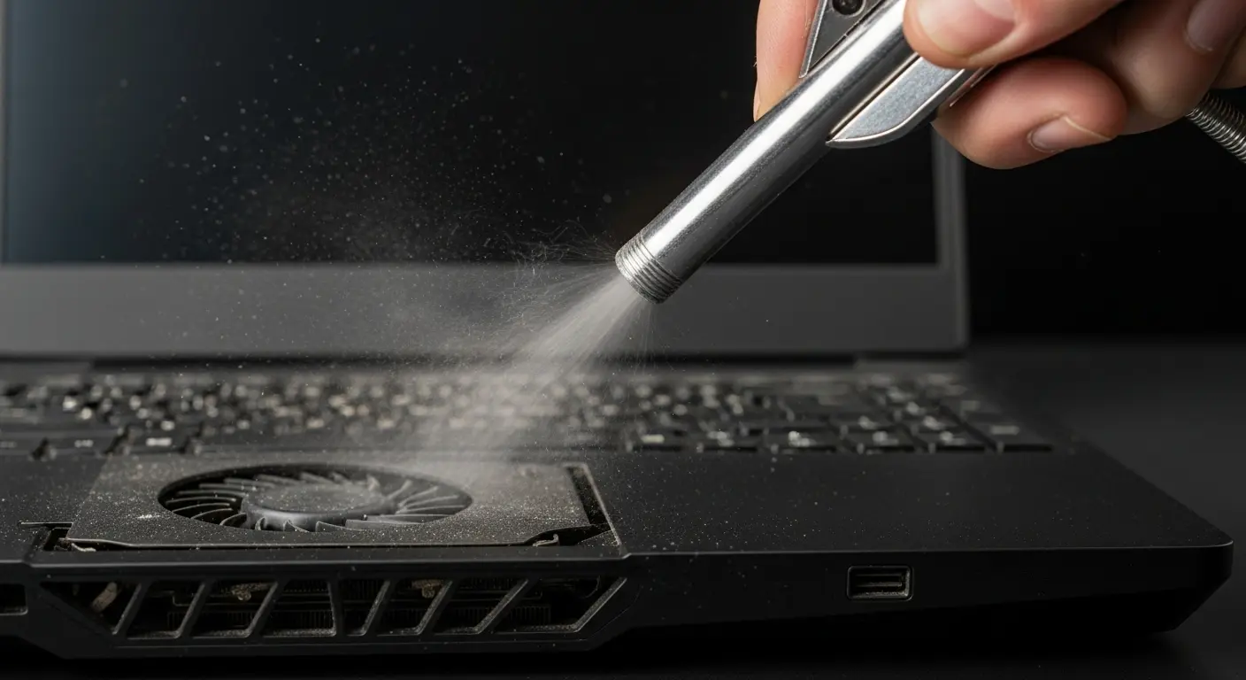 ゲーミングノートPCの排気口やファンに溜まったホコリをエアダスターで除去している様子。