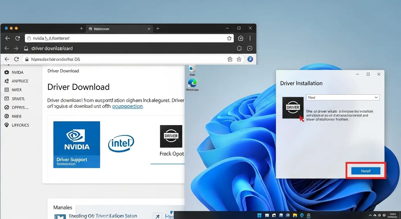 メーカーのウェブサイトからドライバーをダウンロードし、そのインストールウィザードを実行している画面。