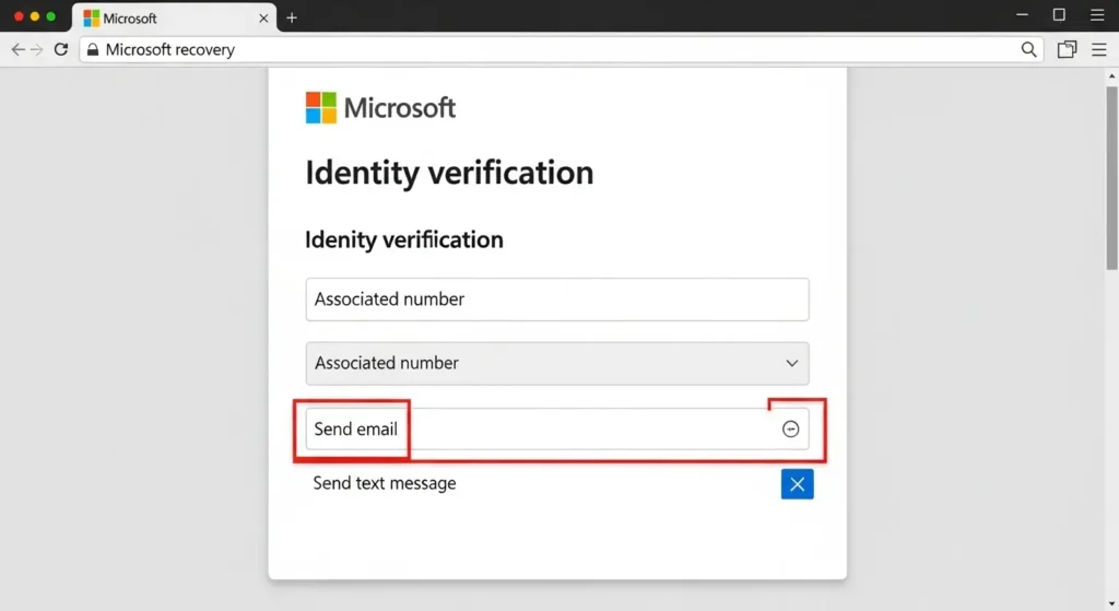 Microsoftアカウントの本人確認オプション(メールアドレスまたは電話番号)が表示された画面。