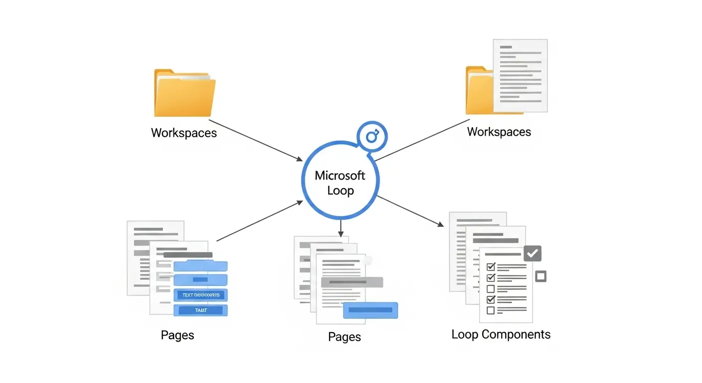 Microsoft Loop、Loopワークスペース、Loopページ、Loopコンポーネントの関係性を示す図。