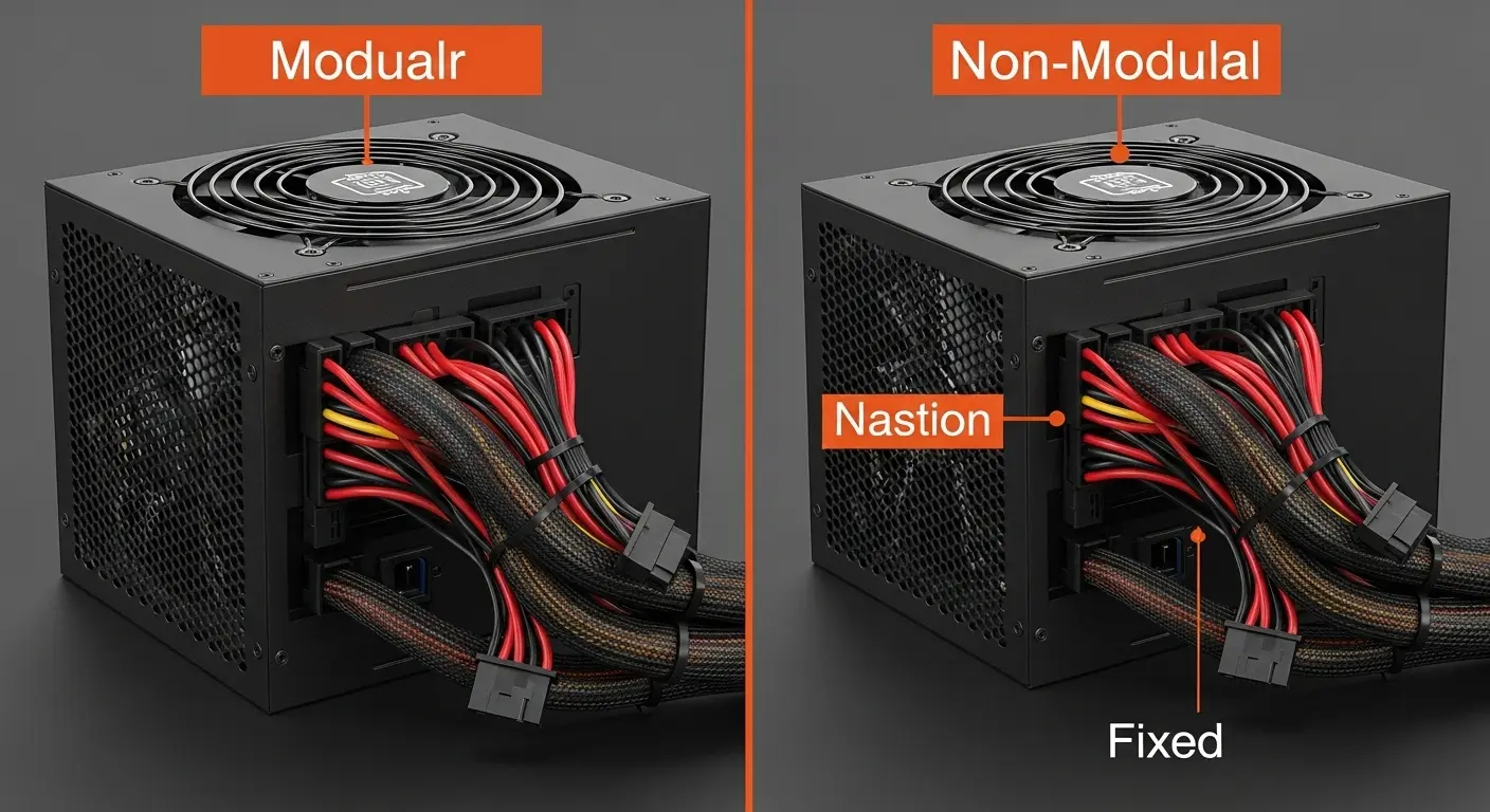 モジュラー式と非モジュラー式電源ユニットのケーブル構造の比較。