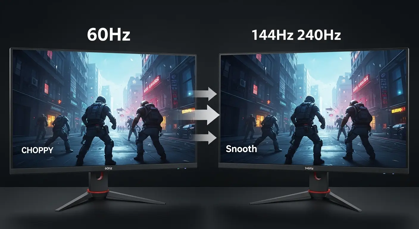 60Hzと144Hz以上のモニターでのゲーム画面の滑らかさの違いを比較した画像。