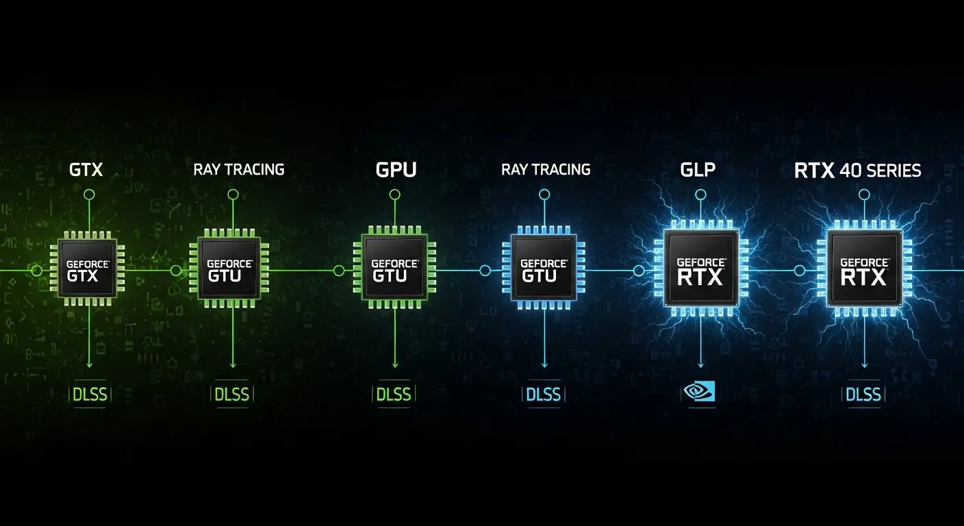 NVIDIA GeForce GTXからRTX 40シリーズまでのGPU進化のタイムライン。