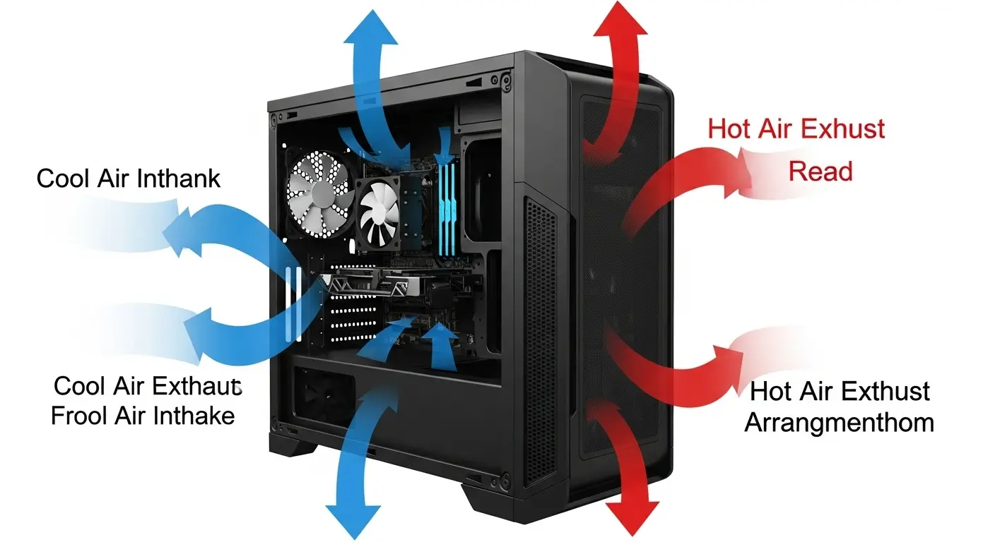 ゲーミングPCケース内の理想的なエアフロー(空気の流れ)を示す図。