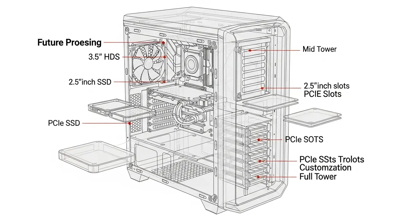 PCケース内のストレージベイ、PCIeスロット、冷却パーツの拡張スペースを示す図。