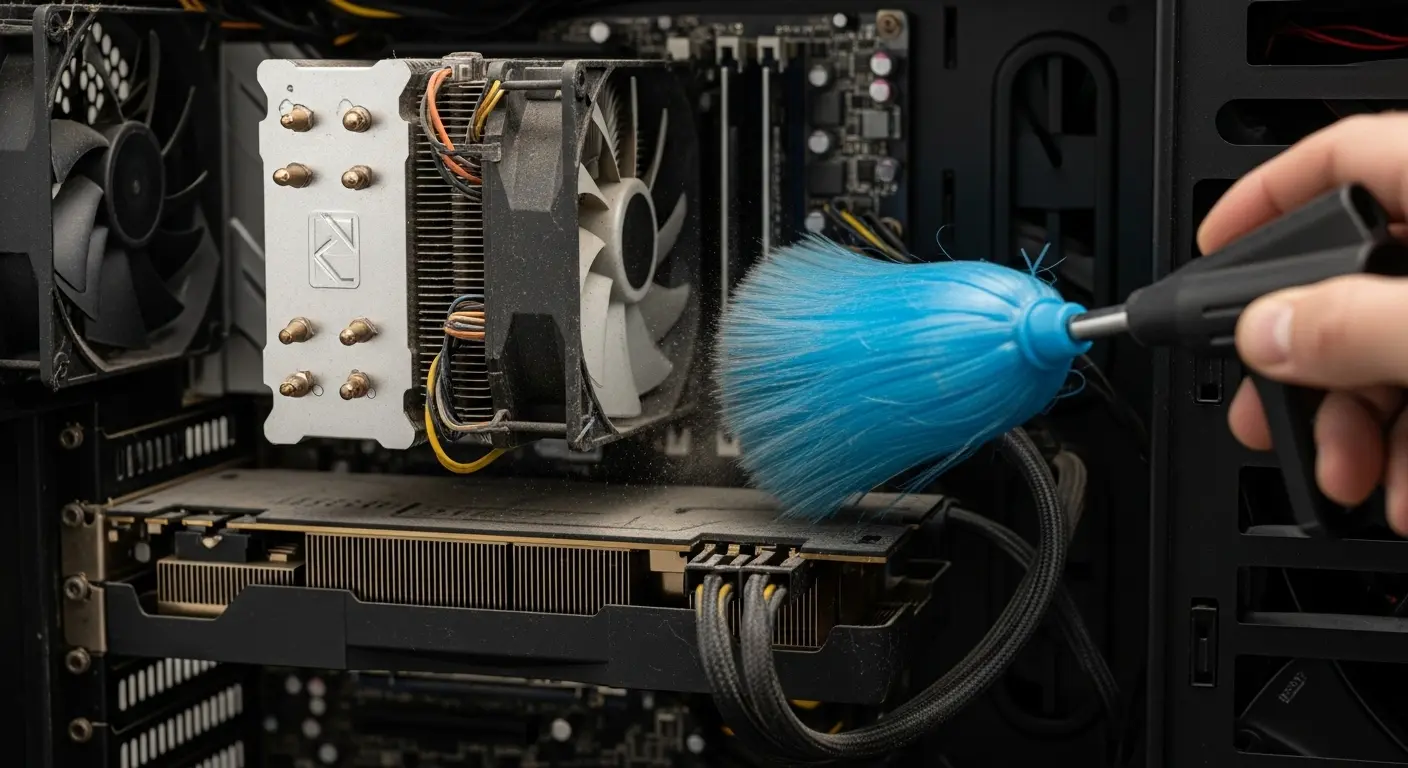 PC内部のCPUクーラーやグラフィックボードのファンにたまったホコリをエアダスターで清掃している様子。