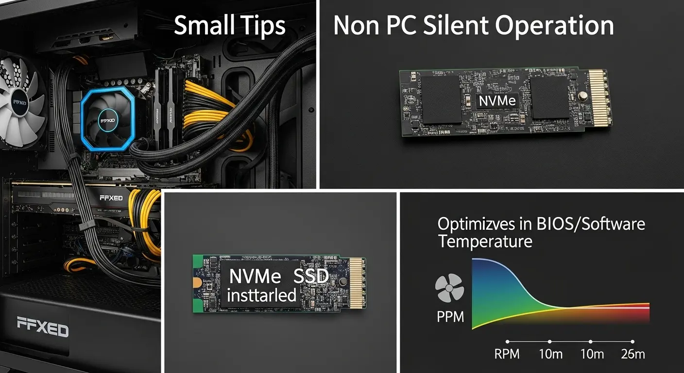 SSDの利用、ケーブルマネジメント、ファン回転数調整によるPC静音化のヒント。