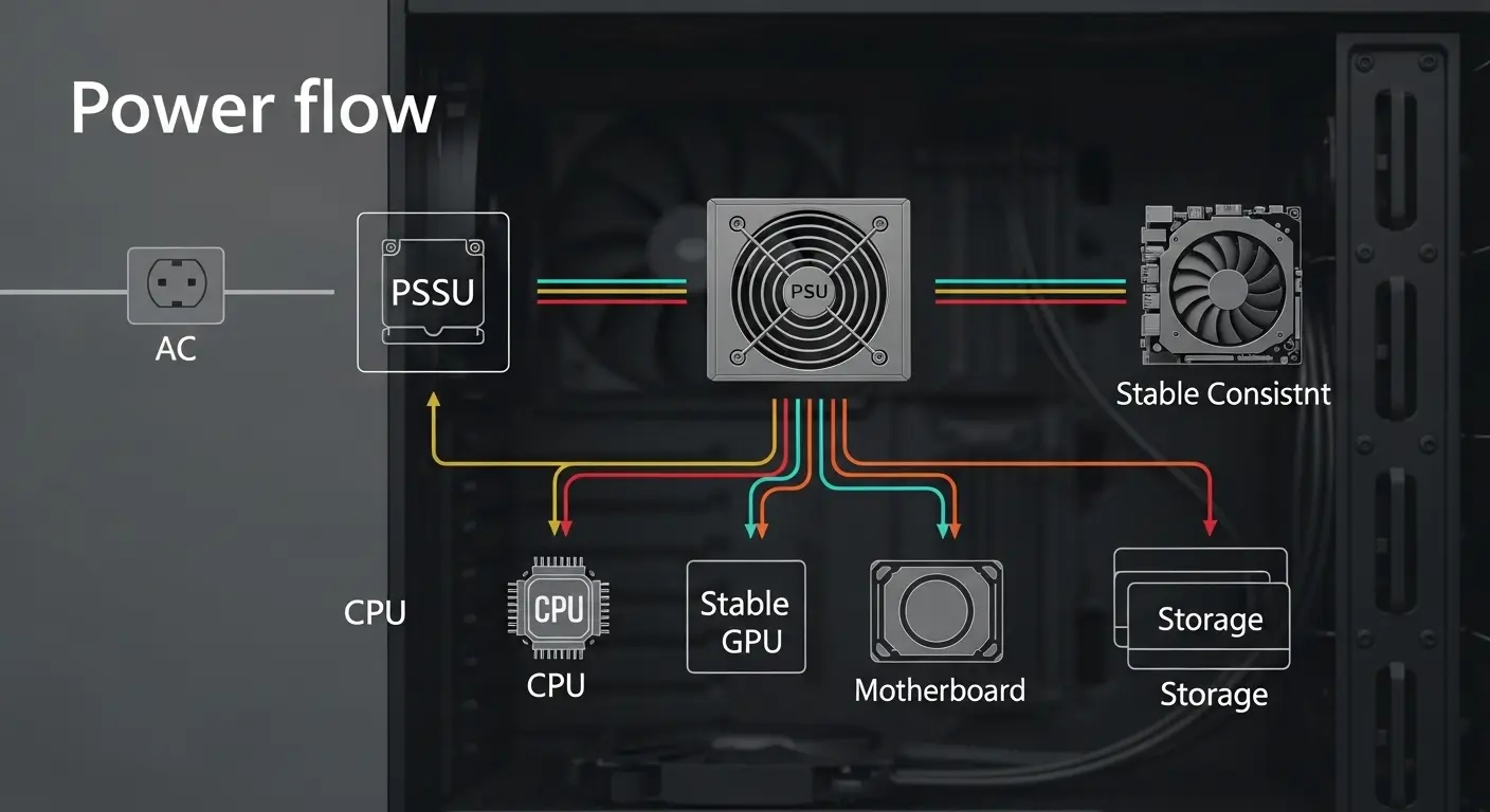 電源ユニットがPCの各パーツに安定した電力を供給する様子。