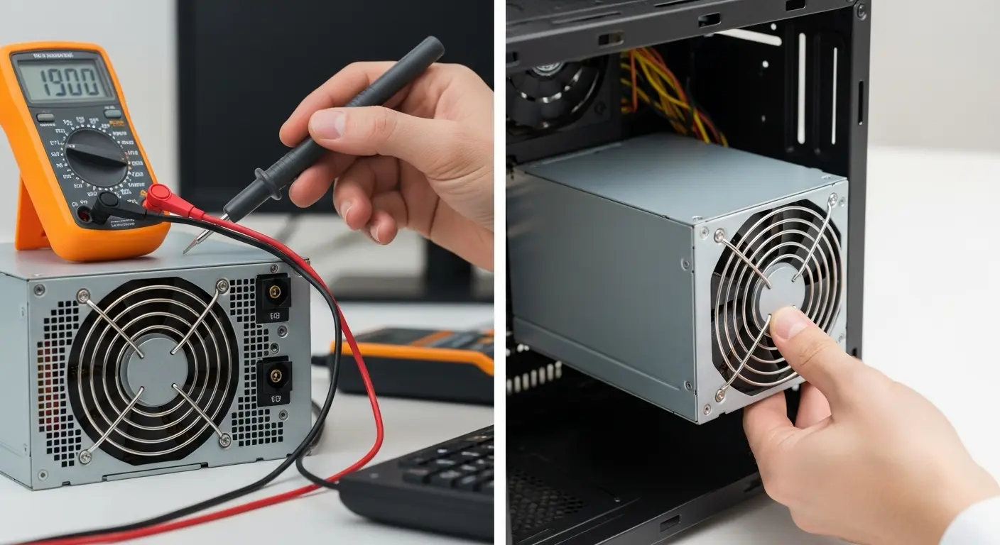 電源ユニットのトラブル診断と交換作業のイメージ。