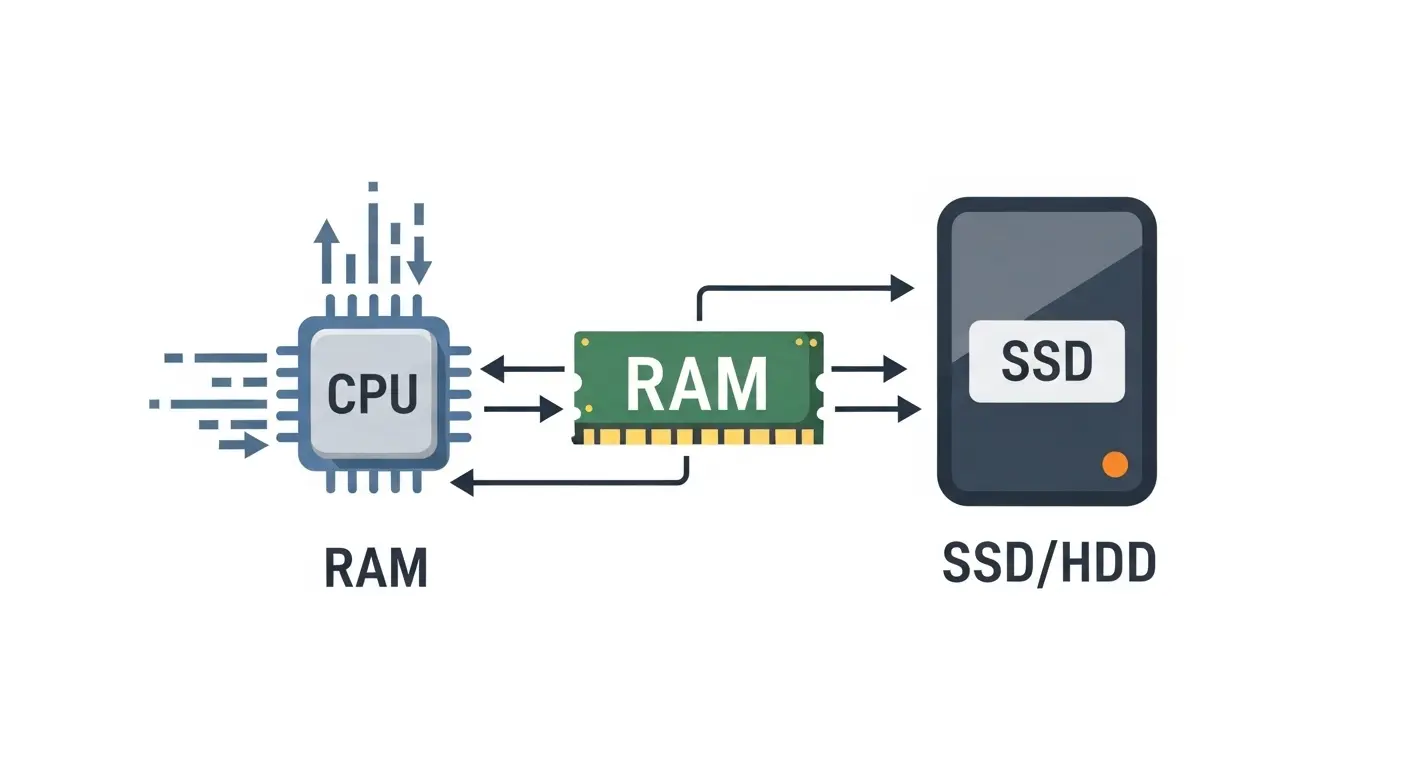CPU、メモリ、ストレージ間のデータフローを示す図。