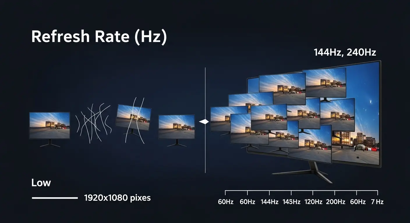 リフレッシュレート(Hz)の意味と、高いHzが映像の滑らかさにどう影響するかを視覚的に説明したインフォグラフィック。