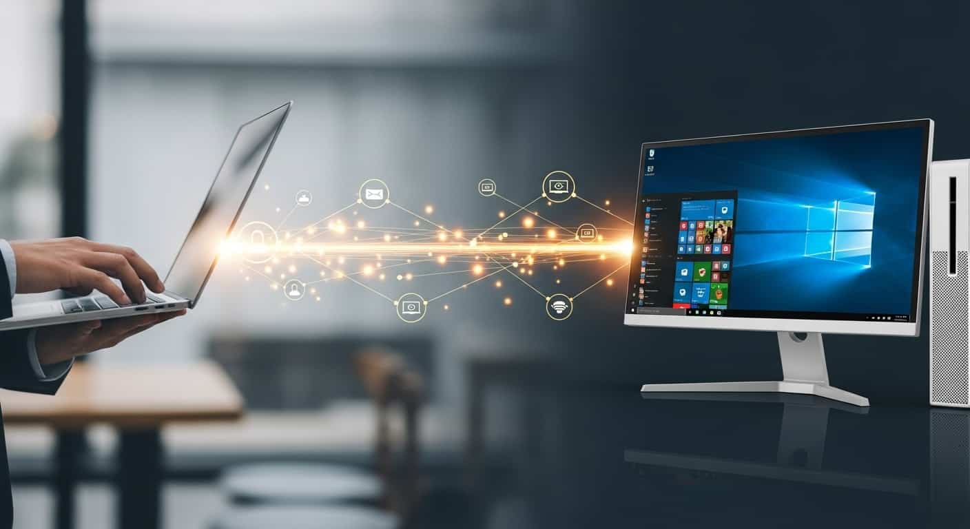離れた場所からWindows PCを操作するリモートデスクトップのコンセプト。