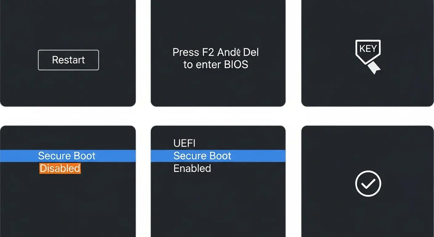パソコンのUEFI/BIOS設定でセキュアブートを有効にする手順を示す画面のイラスト。