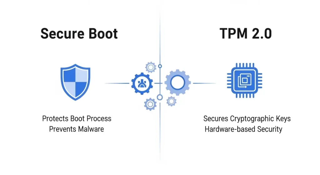 セキュアブートとTPM 2.0、それぞれのセキュリティ機能とWindows 11における役割を比較した図。