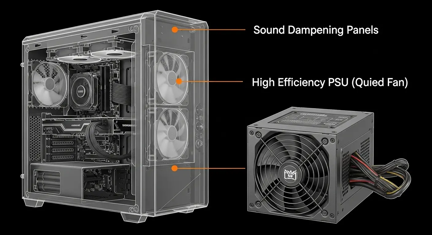 吸音材付きの静音PCケースと高効率な静音電源ユニット。