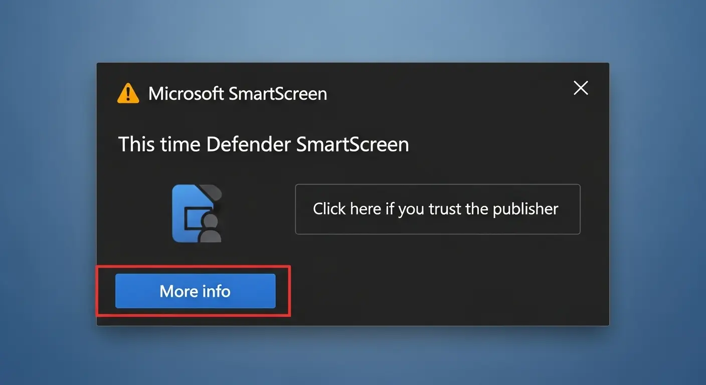 Microsoft Defender SmartScreenの警告を解除する「詳細情報」の選択肢。