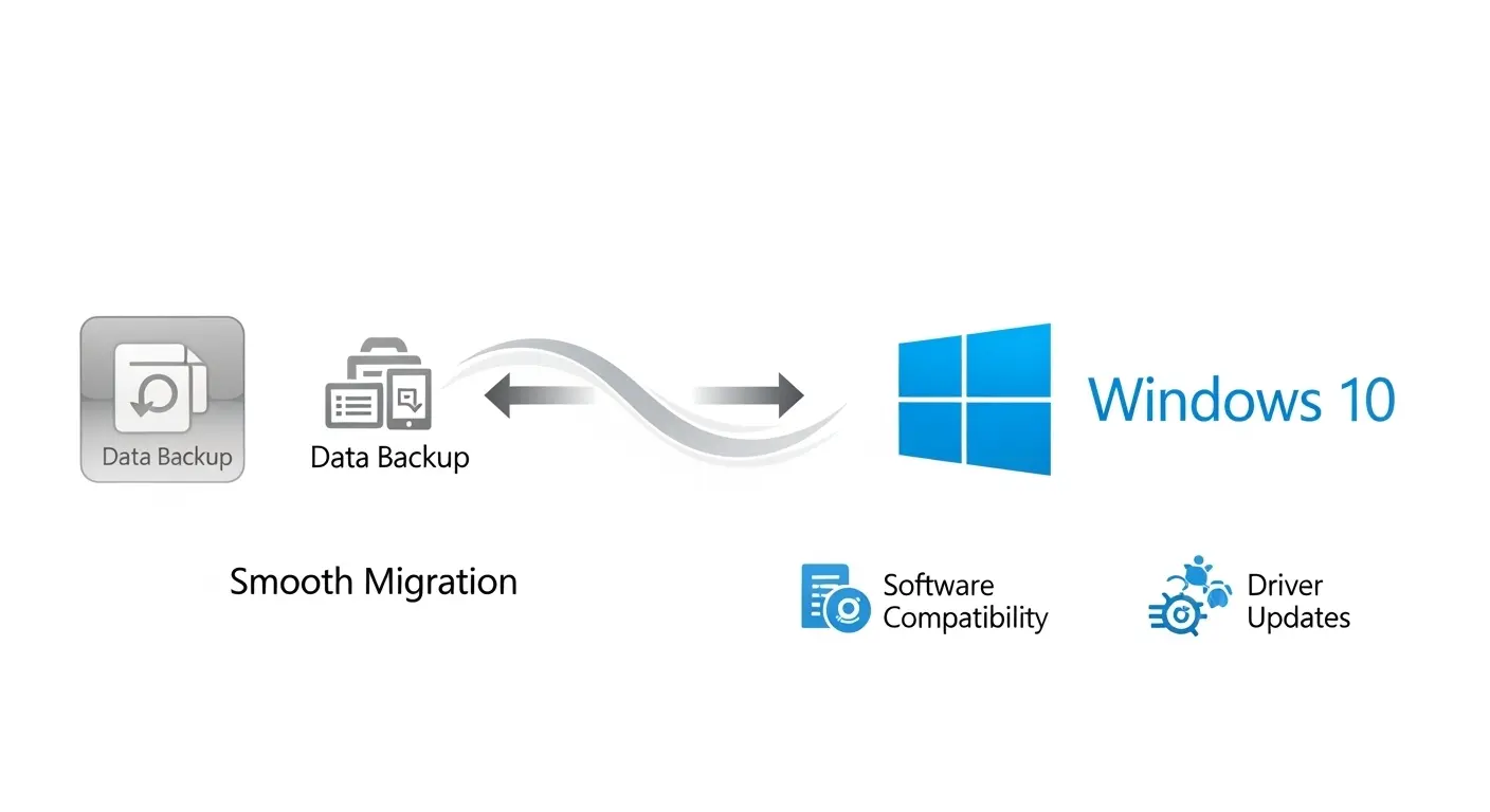 古いOSからWindows 10へのスムーズな移行を示すイメージ。データバックアップ、互換性チェック、ドライバ更新などが重要なステップとして描かれている。