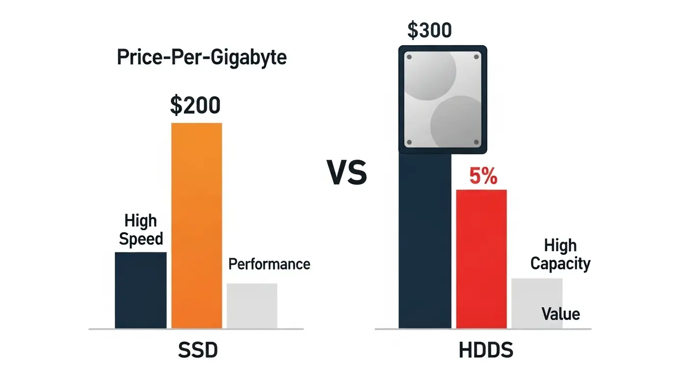 SSDとHDDの容量あたりの価格とコストパフォーマンスの比較。