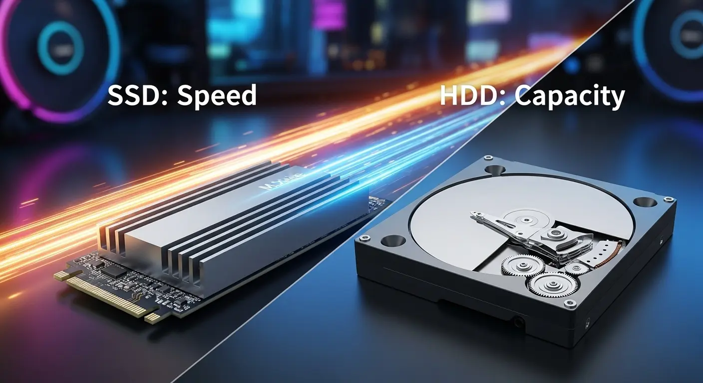 ゲーミングPCにおけるSSDとHDDの速度と容量の違いを比較するイメージ。