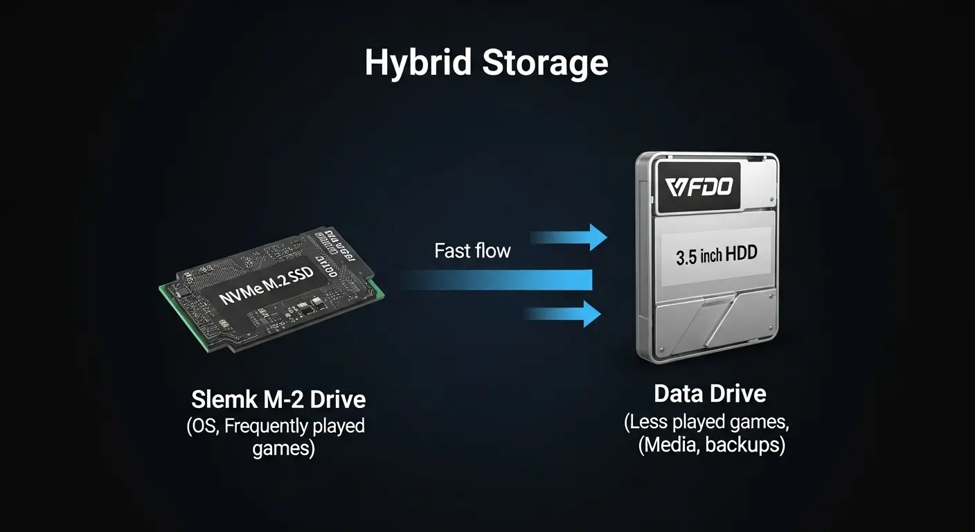 ゲーミングPCにおけるSSDとHDDのハイブリッドストレージ構成。