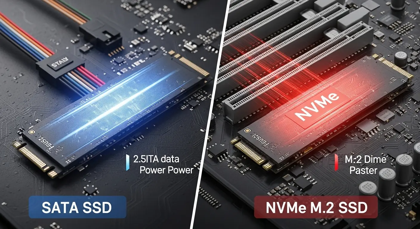 SATA接続の2.5インチSSDとNVMe接続のM.2 SSDの種類と特徴。